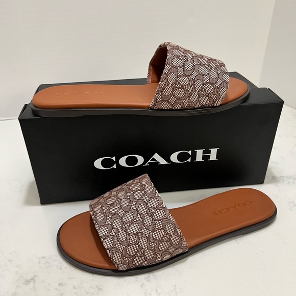 Coach Shoes - Coach Tan & Brown Signature Monogram Slide Sandals